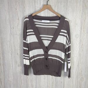 Brand New Callahan Women’s Medium Gray White  Striped Buttoned Cardigan Sweater